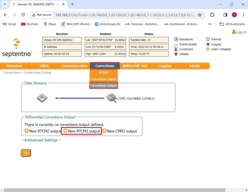 como configurar simpleRTK3B como estación base estática Septentrio8