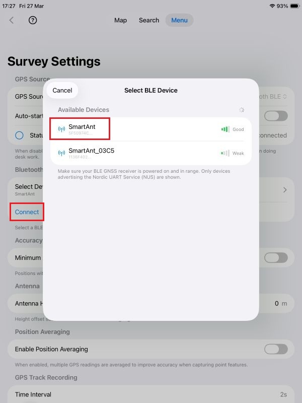 Handleiding voor gebruik ArduSimple RTK Smart Antenne met Mapit GIS iOS selecteer BLE-apparaat