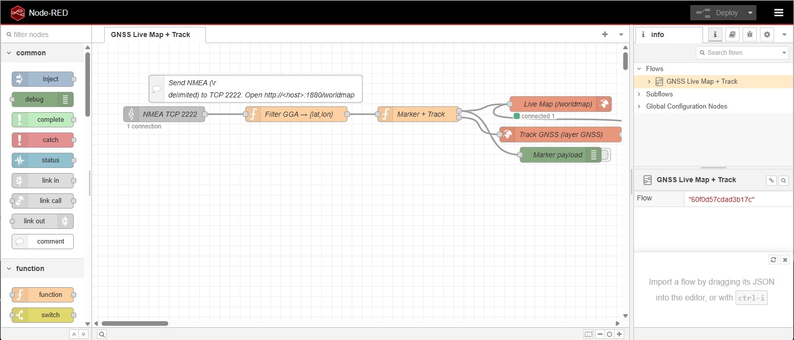 How to set up NodeRED server to receive NMEA remotely live map flow