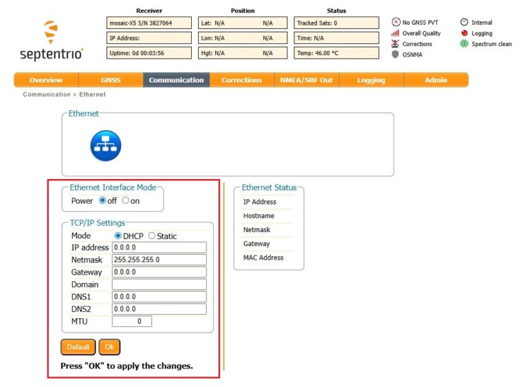 Hookup guide configure mosaic-x5 simpleRTK3B Septentrio web interface communication ethernet